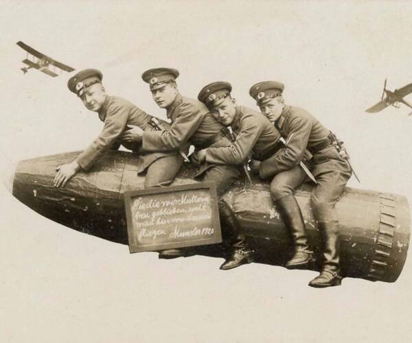 Goofy vintage photos of World War One soldiers posing with fake military props, 1914-1930