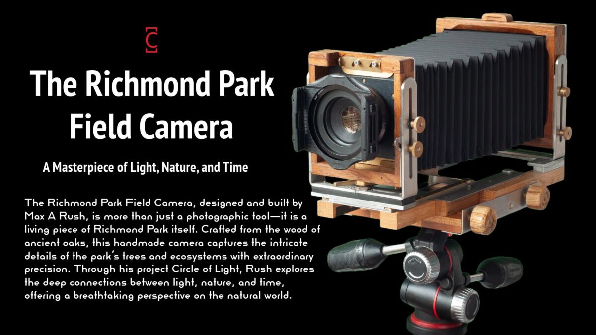 The Richmond Park Field Camera, designed and built by Max A Rush, is more than just a photographic tool—it is a living piece of Richmond Park itself. Crafted from the wood of ancient oaks, this handmade camera captures the intricate details of the park’s trees and ecosystems with extraordinary precision. Through his project Circle of Light, Rush explores the deep connections between light, nature, and time, offering a breathtaking perspective on the natural world.