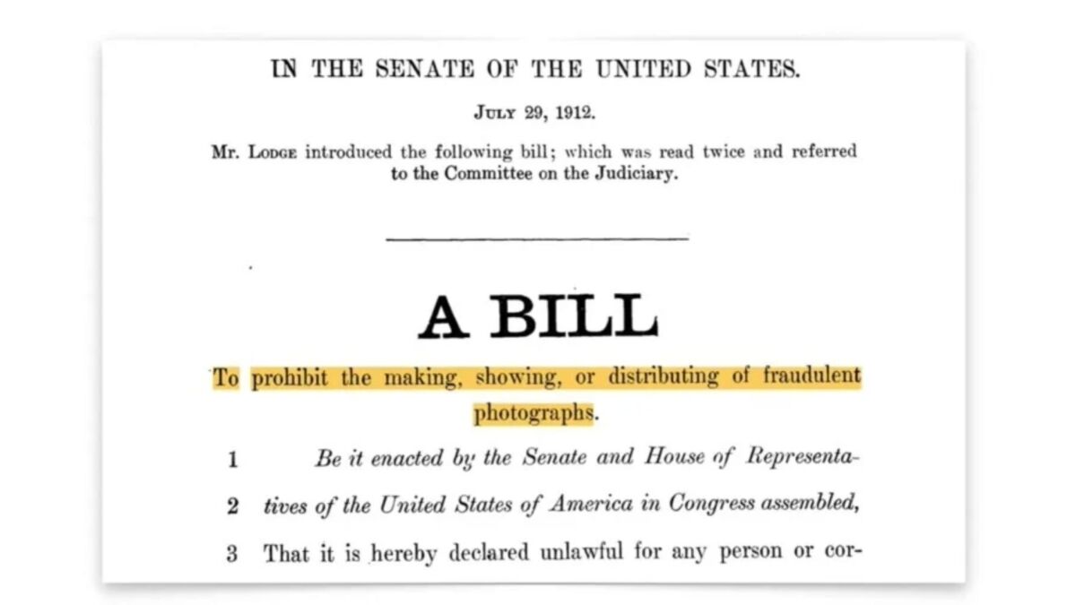 The 1912 document that attempted to bring legal control over altered photographs, sourced from FreeThink.