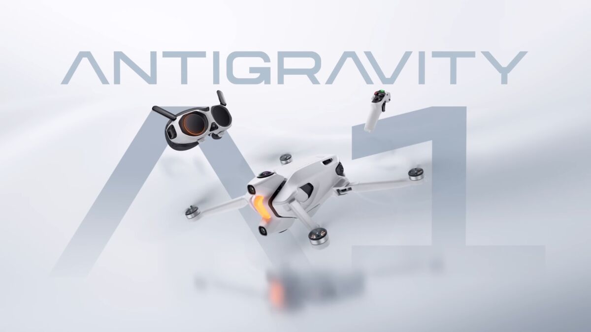 Antigravity A1 8K drone flying in a mountain landscape capturing 360 degree footage