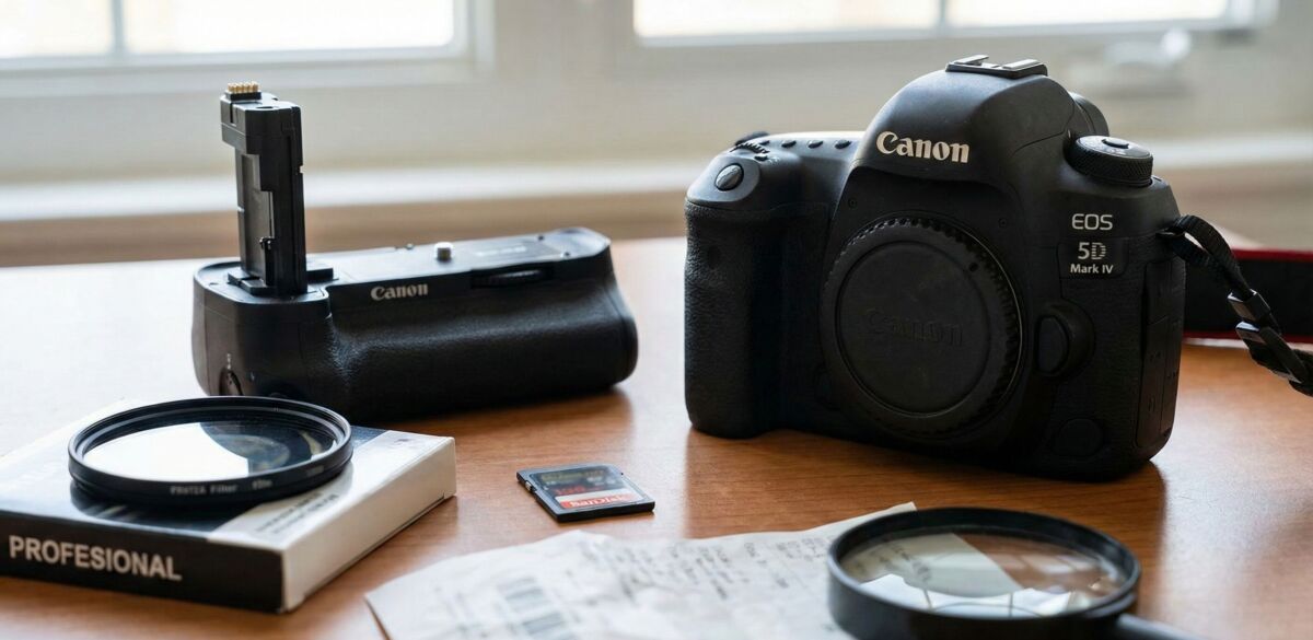 A close view of photography accessories placed beside a camera to highlight the issue of fake camera accessories.
