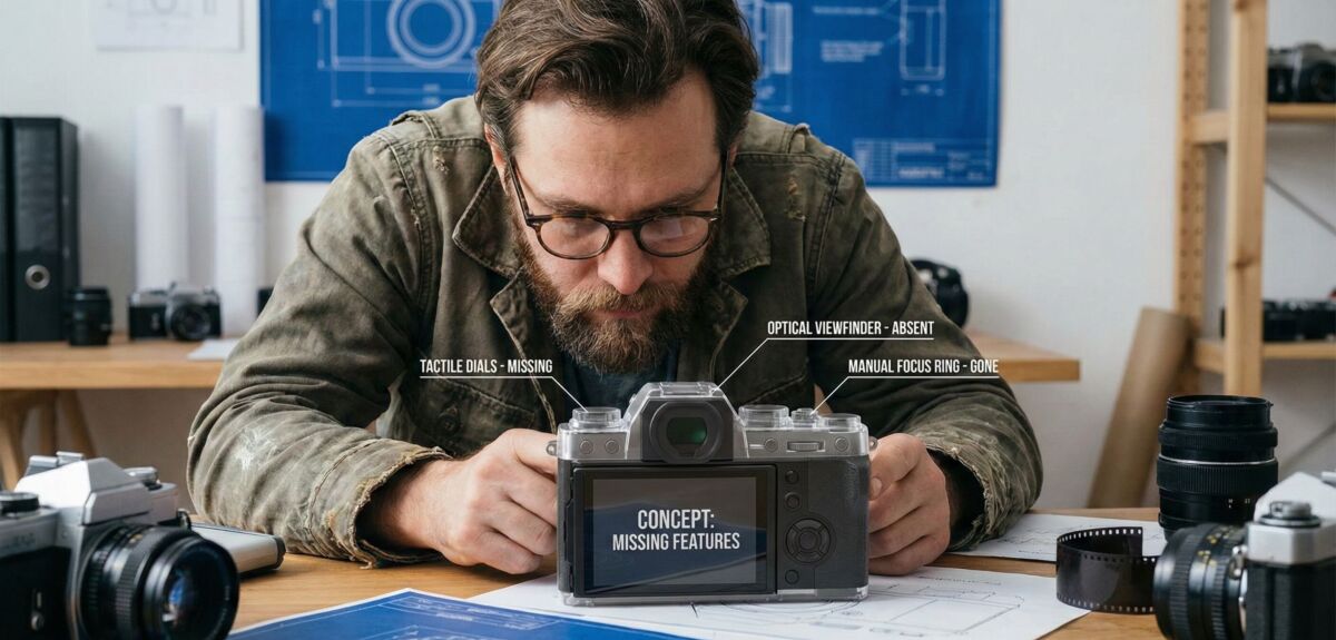 A photographer examining a modern camera that represents missing camera features.