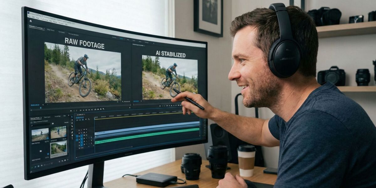 A videographer reviewing AI stabilised footage on a computer screen.
