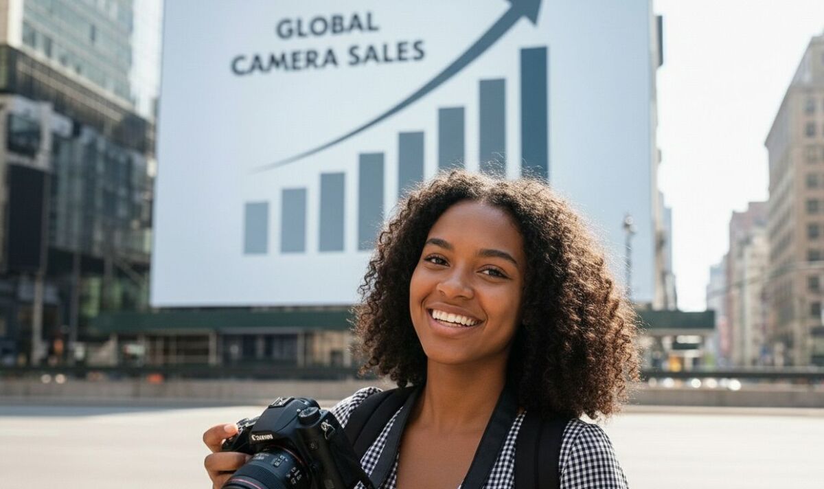 A young photographer holding a camera to represent the global camera sales rise.