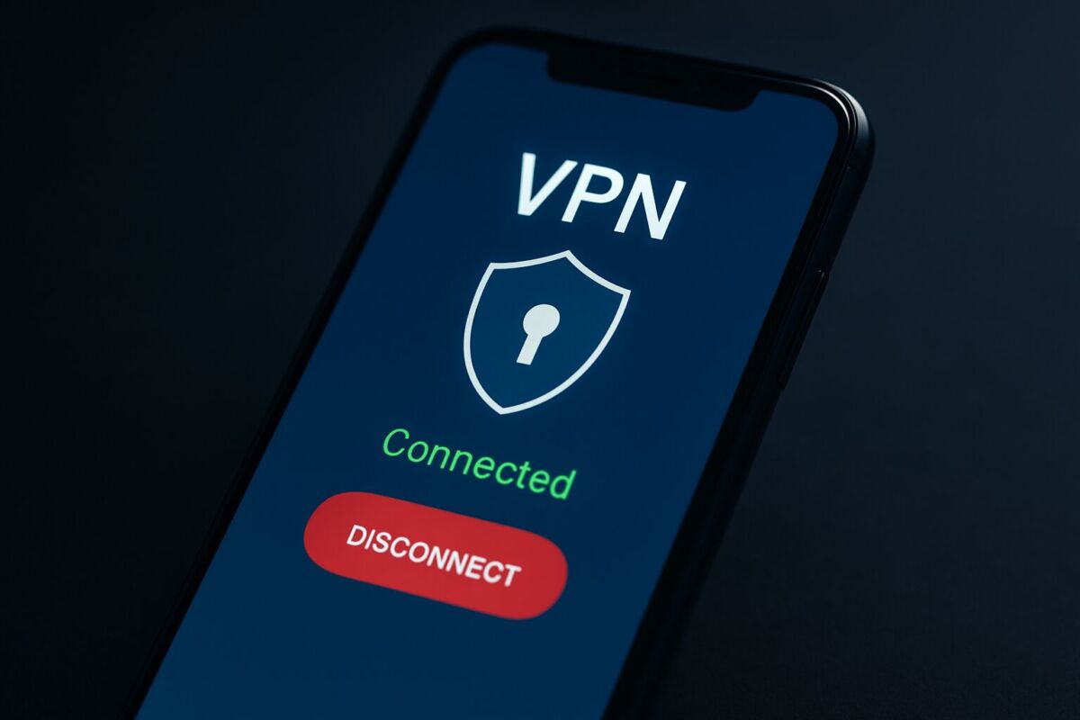 A close view of a phone screen showing a VPN connection icon to illustrate the free VPN danger.