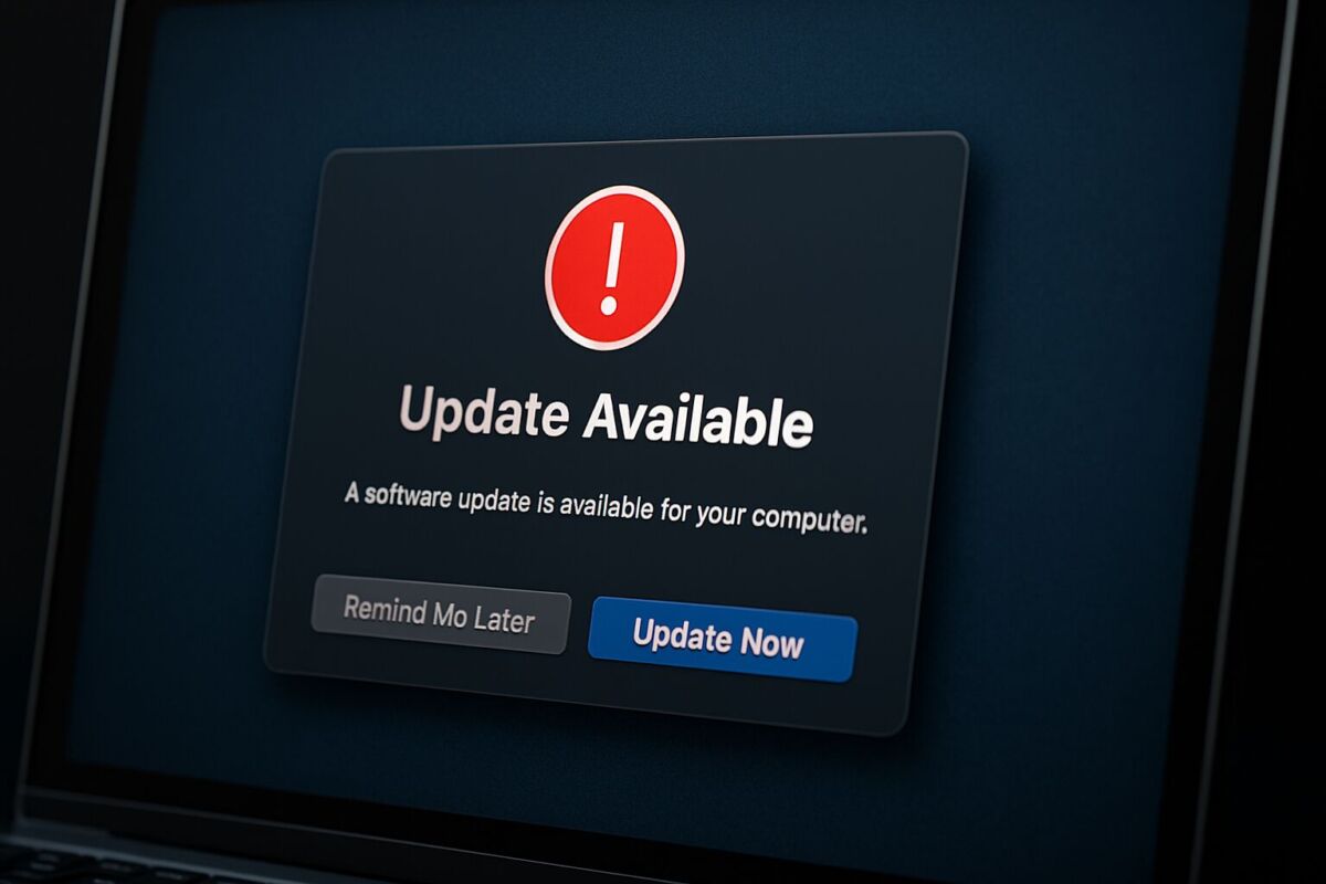 A close view of a computer screen showing an update alert that highlights the outdated software threat.