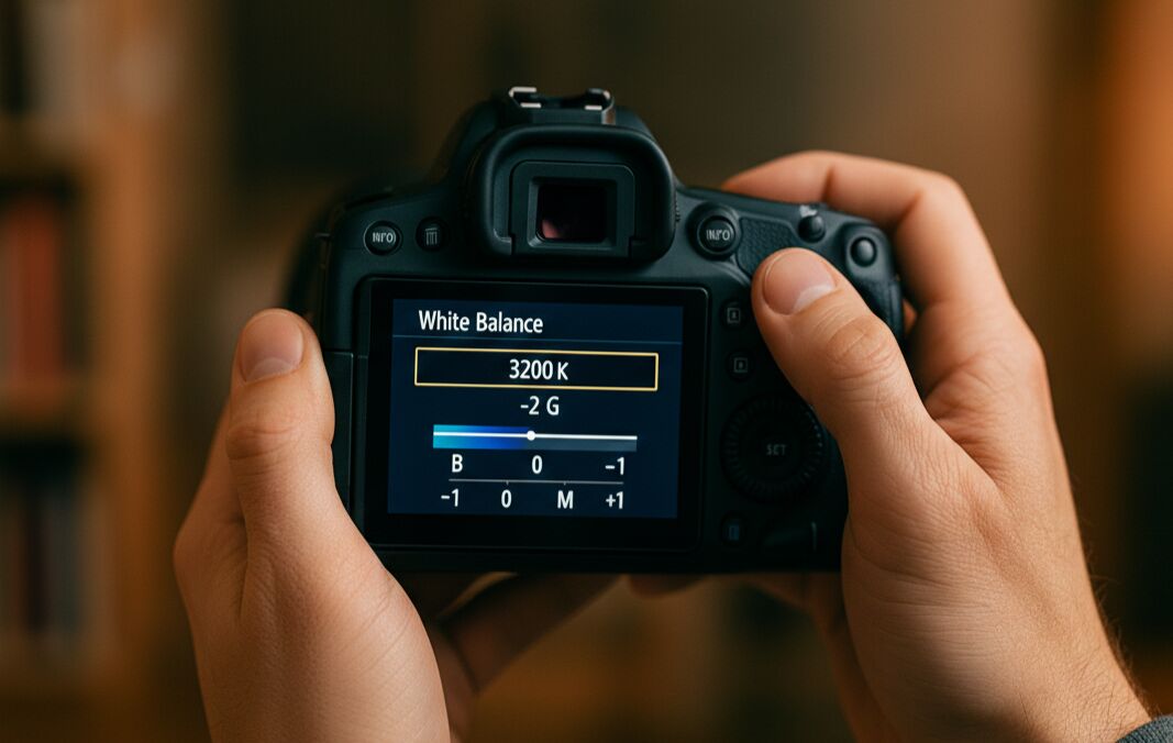 A photographer adjusting manual white balance on a camera to avoid shifting colours.