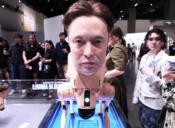 Robot dogs wearing lifelike masks creating AI styled prints in Beeple exhibition at Miami Beach