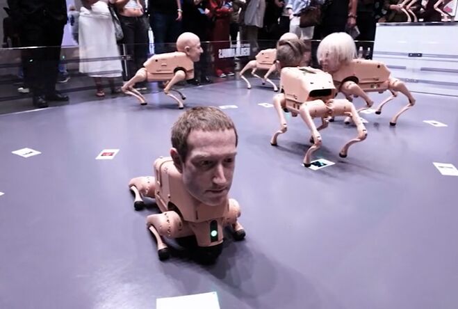 Robot dogs wearing lifelike masks creating AI styled prints in Beeple exhibition at Miami Beach