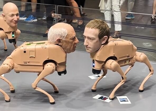Robot dogs wearing lifelike masks creating AI styled prints in Beeple exhibition at Miami Beach