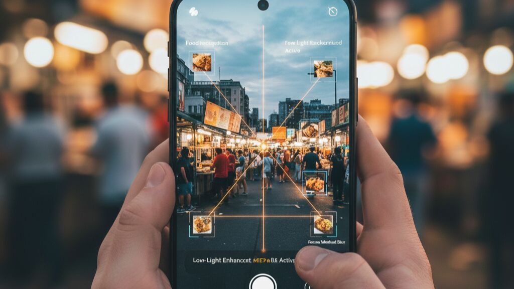 A smartphone camera capturing a scene using AI assisted processing.