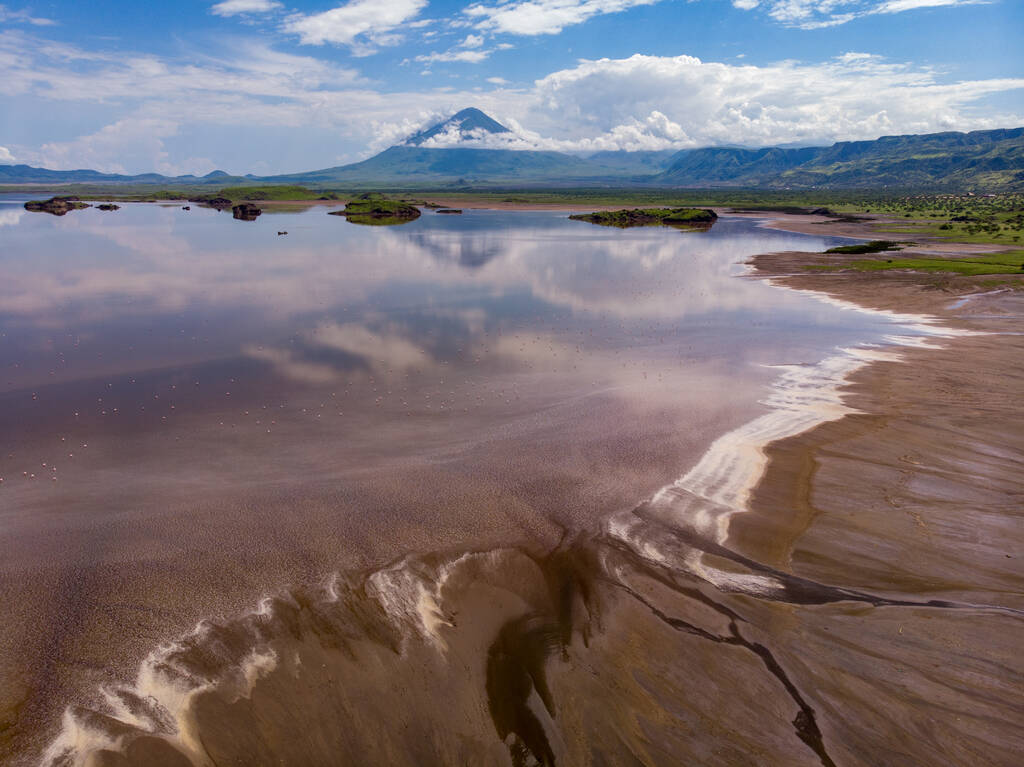 Aerial view on a Picturesque Coastline of Lake Natron in the Great Rift Valley, between Kenya and Tanzania. In the dry season the lake is covered by soda and is known for its wading birds and huge flocks of flamingos
